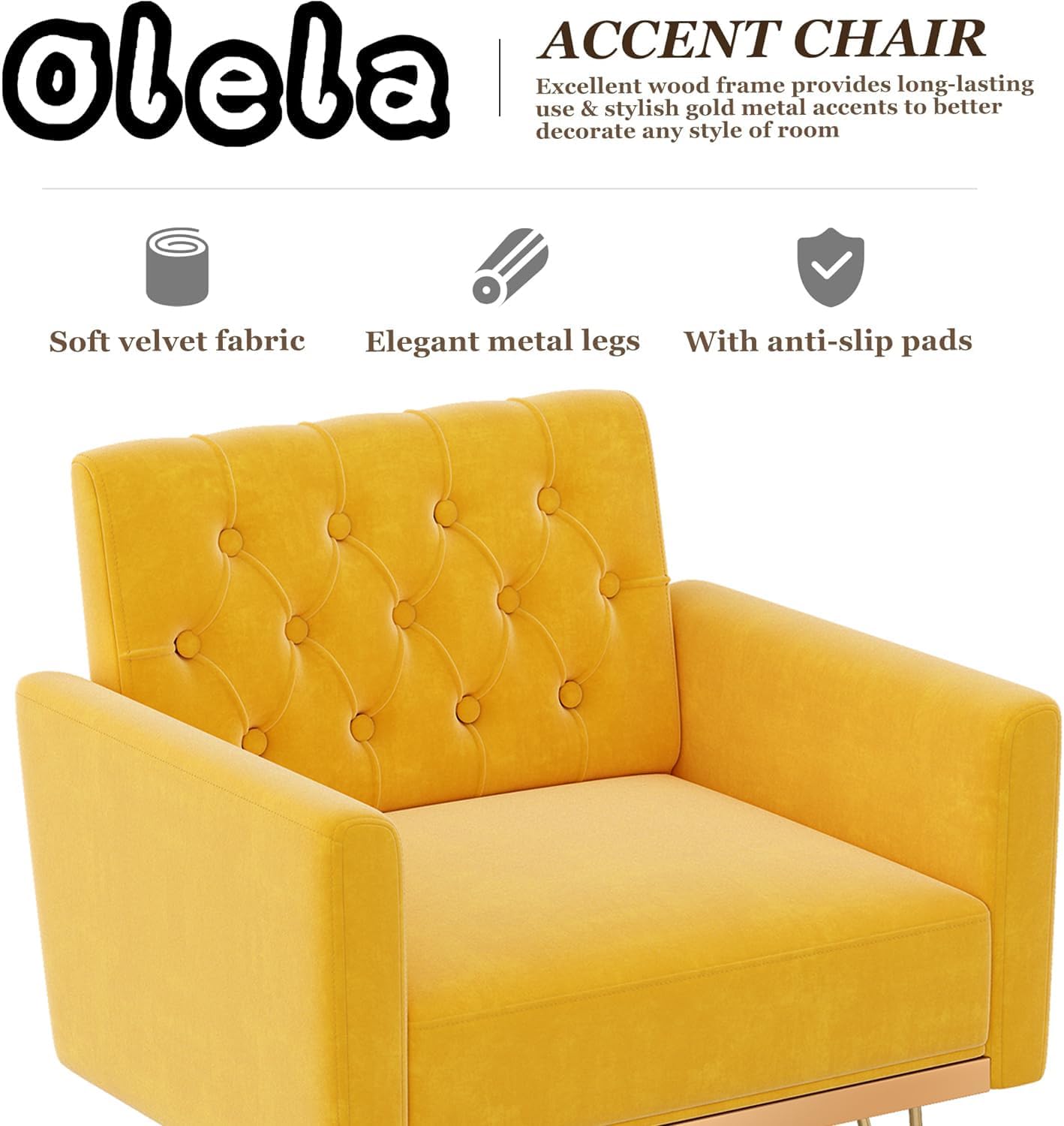Olela Velvet Accent Chair with Arm for Living Room,Modern Armchair Single Sofa Cozy Tufted Upholstered Reading Side Chairs with Gold Metal Leg for Bedroom Decorate(1, Mustard Yellow)