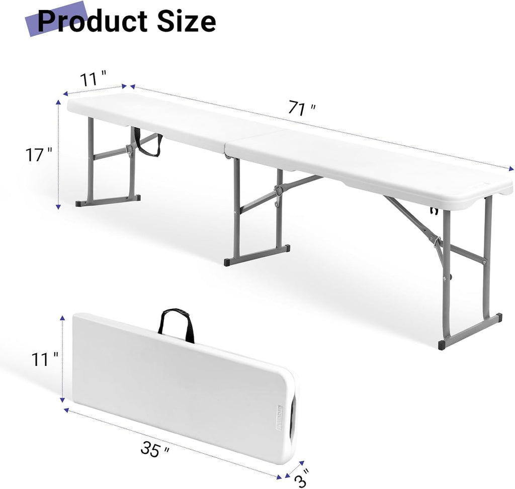 Byliable Folding Bench 6 Foot, Plastic Foldable Bench Seat with Handle, Portable Picnic Party Camping Dining Seat, Garden Multipurpose Entertaining Activities, White, 2 Pack