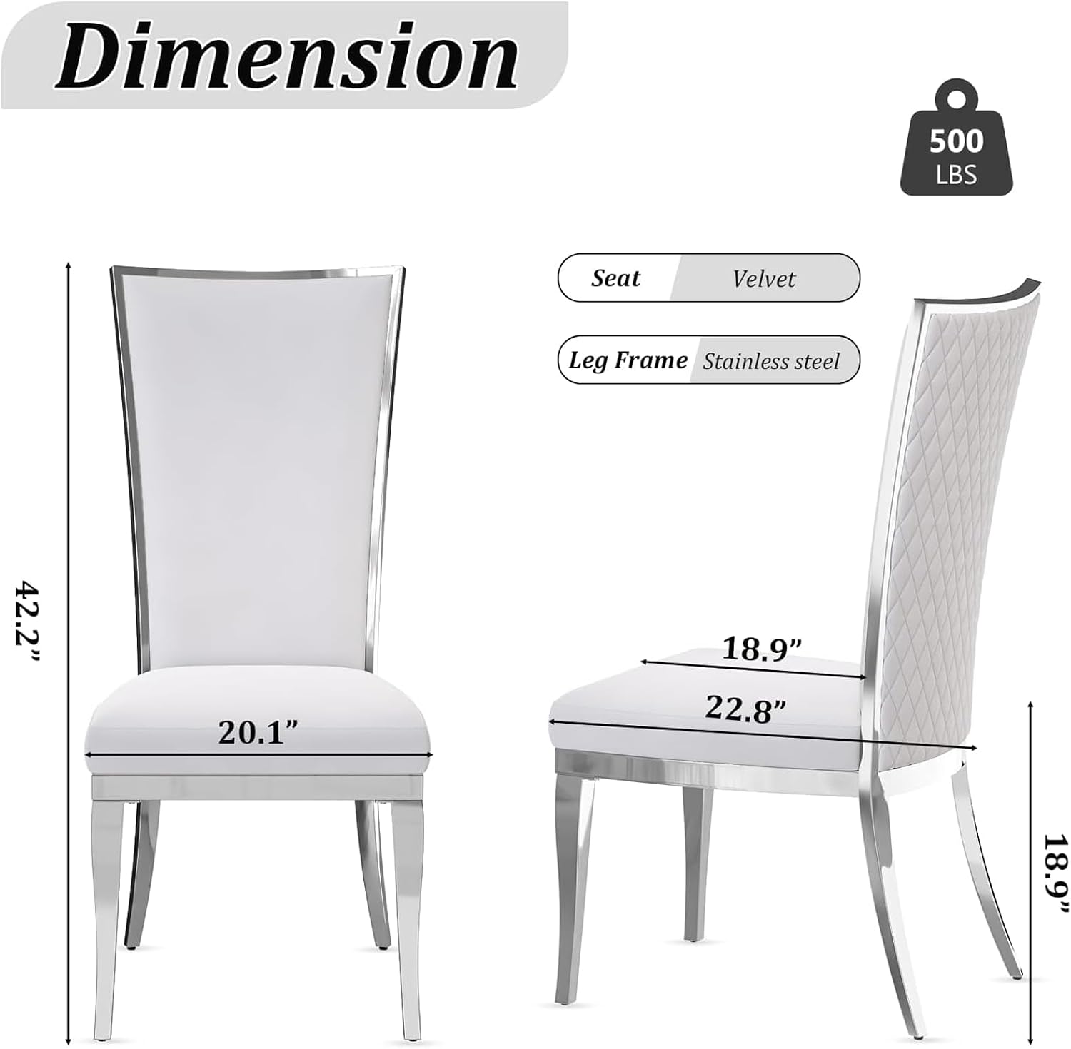 AUZ White and Silver Dining Chairs, Modern Velvet Upholstered Dining Room Chairs with High Back and Mirrored Metal Legs for Restaurant Kitchen, Set of 2