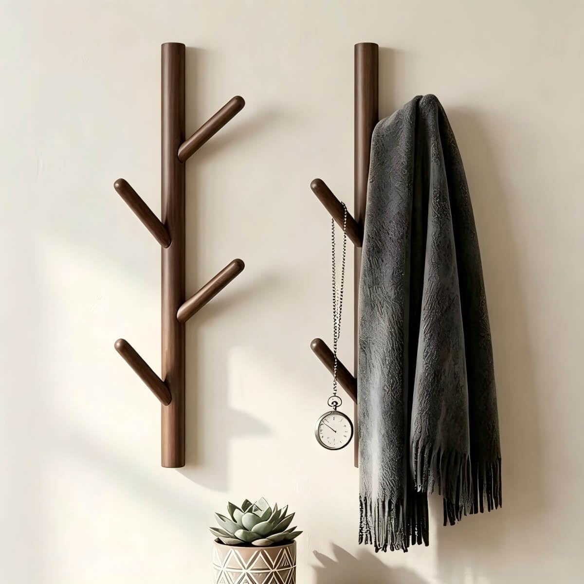Wooden Wall Mount Coat Rack | Wall Coat Rack, 4 Hooks Tree Branch Coat Rack Wall Mount, Hat Rack for Wall Heavy Duty, Bathroom Towel Rack 2 Pack