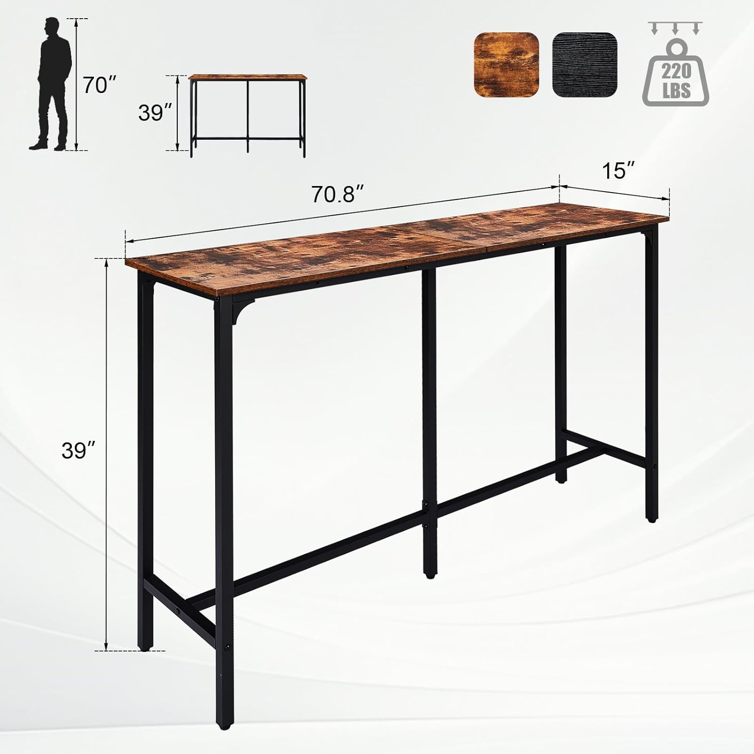 Karl home 71" Bar Table, Narrow Long High Top Dining Table with Upgraded Triangular Support for Stability, Industrial Counter Height Bar Table for Small Space, Behind Sofa, Kitchen, Rustic Brown