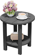 FUNDAZE 2-Tier Round HDPE Patio Side Table, End Tables for Living Room, Waterproof Indoor & Outdoor Small Table for Poolside, Garden, Gray