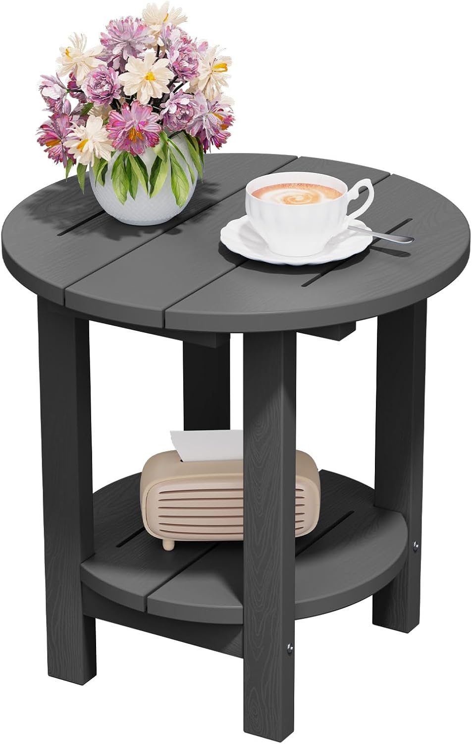 FUNDAZE 2-Tier Round HDPE Patio Side Table, End Tables for Living Room, Waterproof Indoor & Outdoor Small Table for Poolside, Garden, Gray