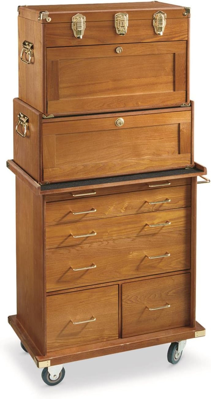 CASTLECREEK 4-Drawer Collector's Chest, Wooden Desk Storage Box Organizer Lockable Compartments Oak