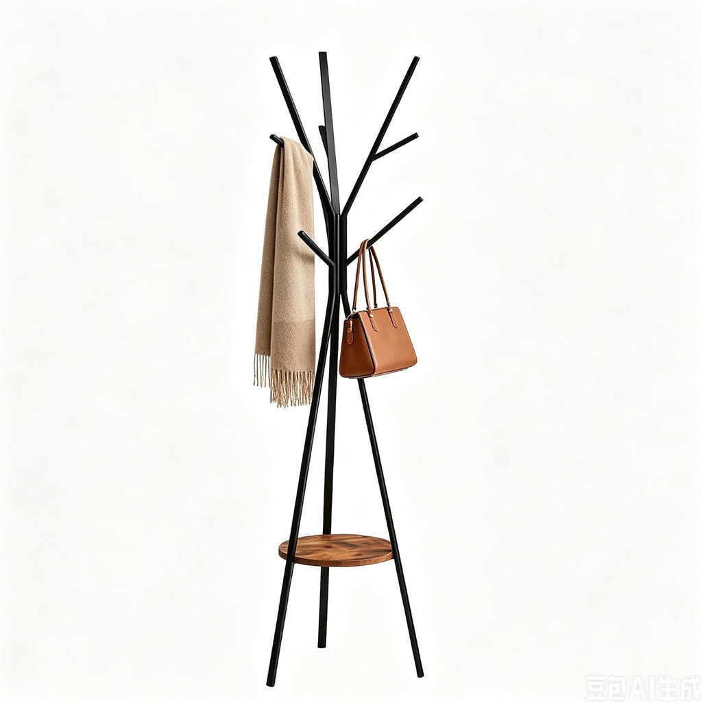 HOME BI Coat Rack, Coat Hanger Stand with Shelves, Freestanding Hall Tree, Metal Hat Hanger with 9 Hooks for Clothes Hats and Scarves, Black and Rustic Brown(Black+Rustic Brown)