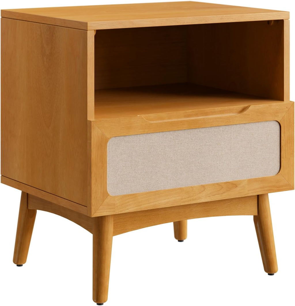 Bme Calista Nightstand 1 Drawer – Solid Wood Teak Brown Finish Bedside Table with Open Shelf & Fabric Panel Drawer, Mid-Century Modern Style with Tapered Legs, Easy Assembly