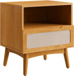 Bme Calista Nightstand 1 Drawer – Solid Wood Teak Brown Finish Bedside Table with Open Shelf & Fabric Panel Drawer, Mid-Century Modern Style with Tapered Legs, Easy Assembly