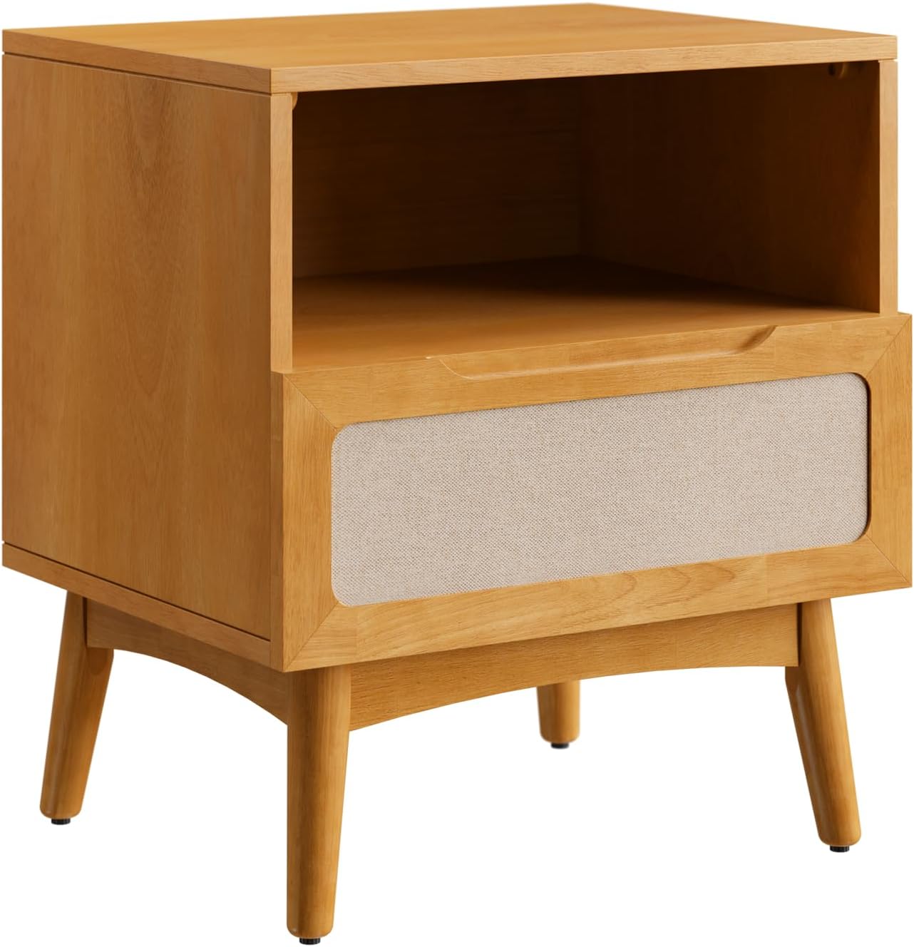 Bme Calista Nightstand 1 Drawer – Solid Wood Teak Brown Finish Bedside Table with Open Shelf & Fabric Panel Drawer, Mid-Century Modern Style with Tapered Legs, Easy Assembly