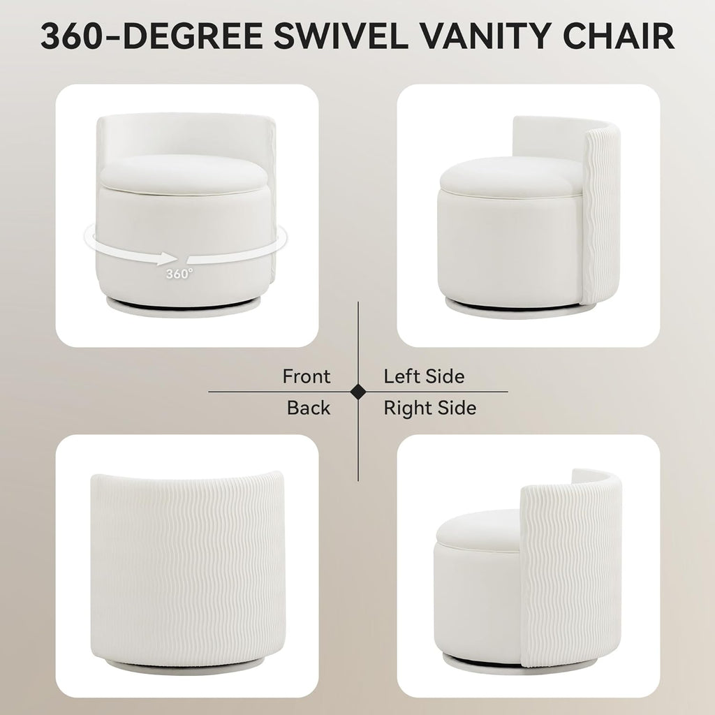 WUTUTUEE Large Velvet Vanity Chair with Storage, 360° Swivel Makeup Chair with Wave Back, No Assembly Small Accent Stool for Bedroom, Dressing, Living Room, White