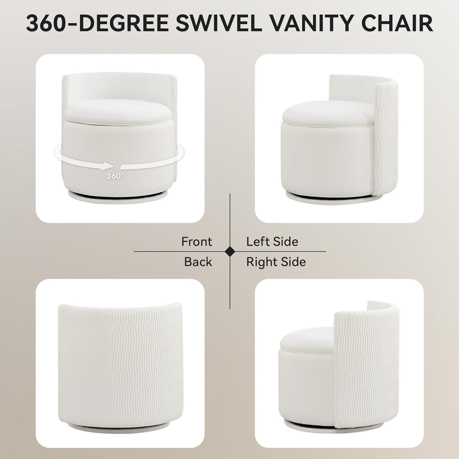WUTUTUEE Large Velvet Vanity Chair with Storage, 360° Swivel Makeup Chair with Wave Back, No Assembly Small Accent Stool for Bedroom, Dressing, Living Room, White