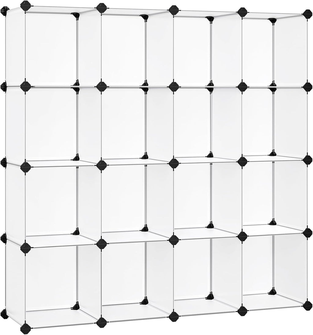 SONGMICS Cube Storage Organizer, Set of 16 Plastic Cubes, Book Shelf, Closet Organizers and Storage, Room Organization, Bedroom Living Room, 12.2 x 48.4 x 48.4 Inches, White ULPC44L