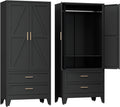 COFaR Armoire Wardrobe Closet with Drawers & Hanging Rod, 71'' Metal Wardrobe Closet with Doors & Adjustable Shelf, Farmhouse Wardrobe Cabinet for Bedroom Home Office Garage, Black