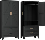 COFaR Armoire Wardrobe Closet with Drawers & Hanging Rod, 71'' Metal Wardrobe Closet with Doors & Adjustable Shelf, Farmhouse Wardrobe Cabinet for Bedroom Home Office Garage, Black
