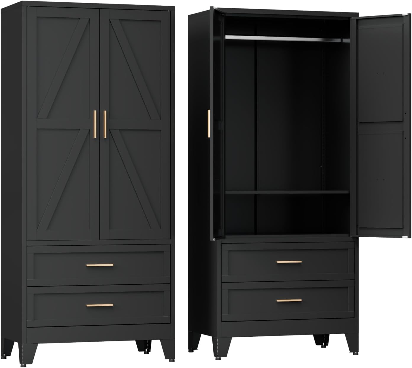 COFaR Armoire Wardrobe Closet with Drawers & Hanging Rod, 71'' Metal Wardrobe Closet with Doors & Adjustable Shelf, Farmhouse Wardrobe Cabinet for Bedroom Home Office Garage, Black
