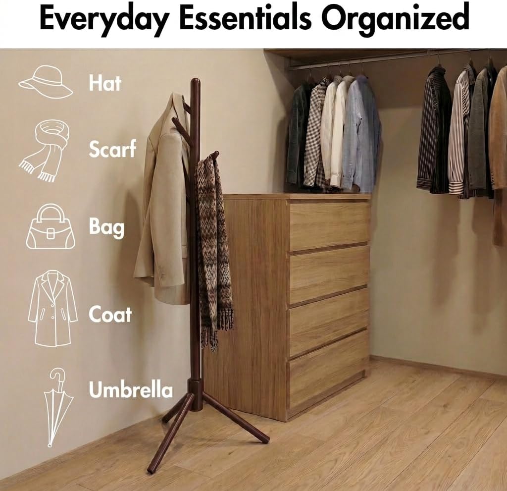 Luxe L 100% Faux Fur Coat Rack, Freestanding Coat Rack with 8 Hooks, Adjustable Size Tree Coat Rack for Bedroom, Hallway, Entrance, Office, for Coats, Hats, Scarves, Handbags - Brown
