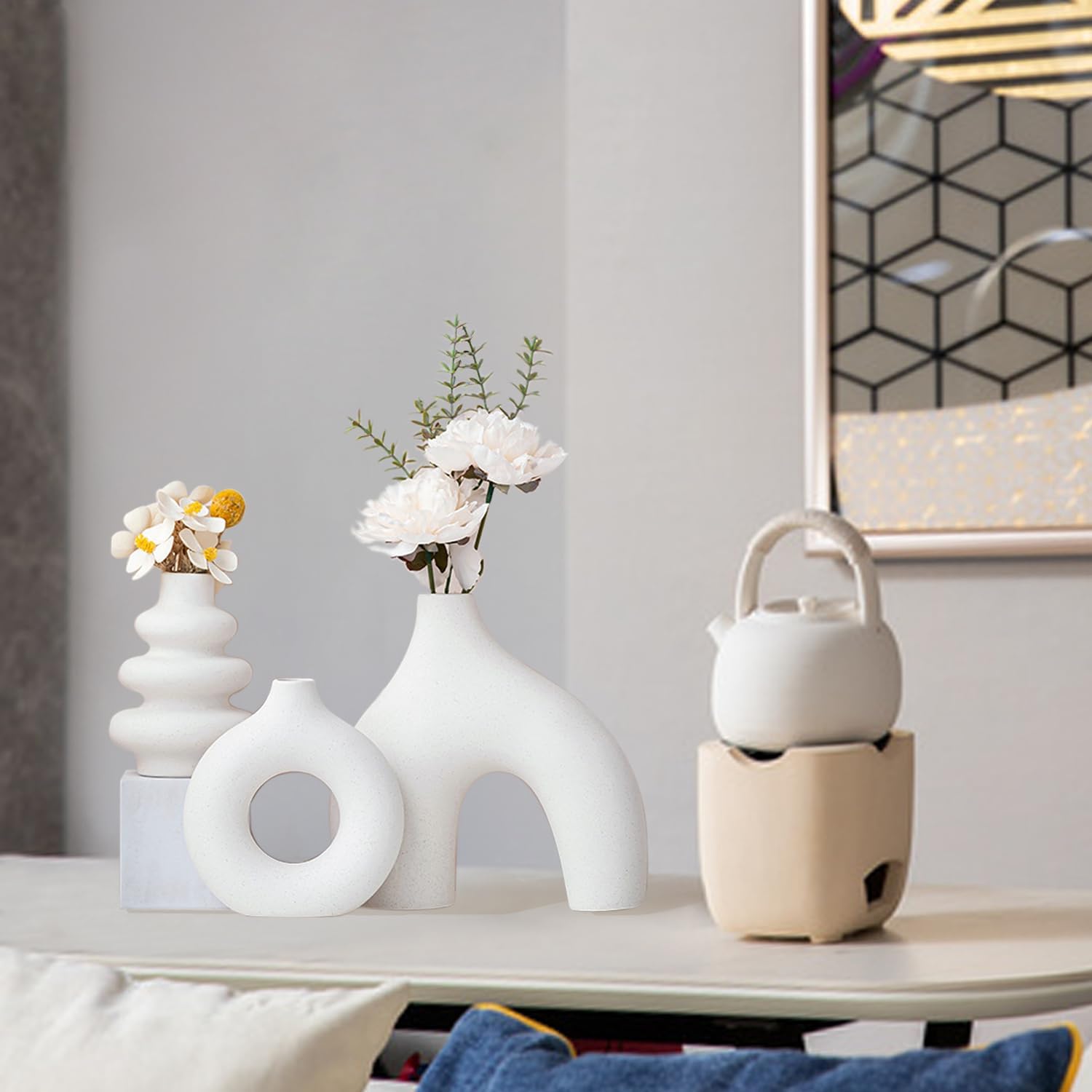 White Ceramic Vase Set of 3,Neutral Boho Nordic Minimalism Style Flower Vases for Living Room Wedding Table Party Office Bedroom