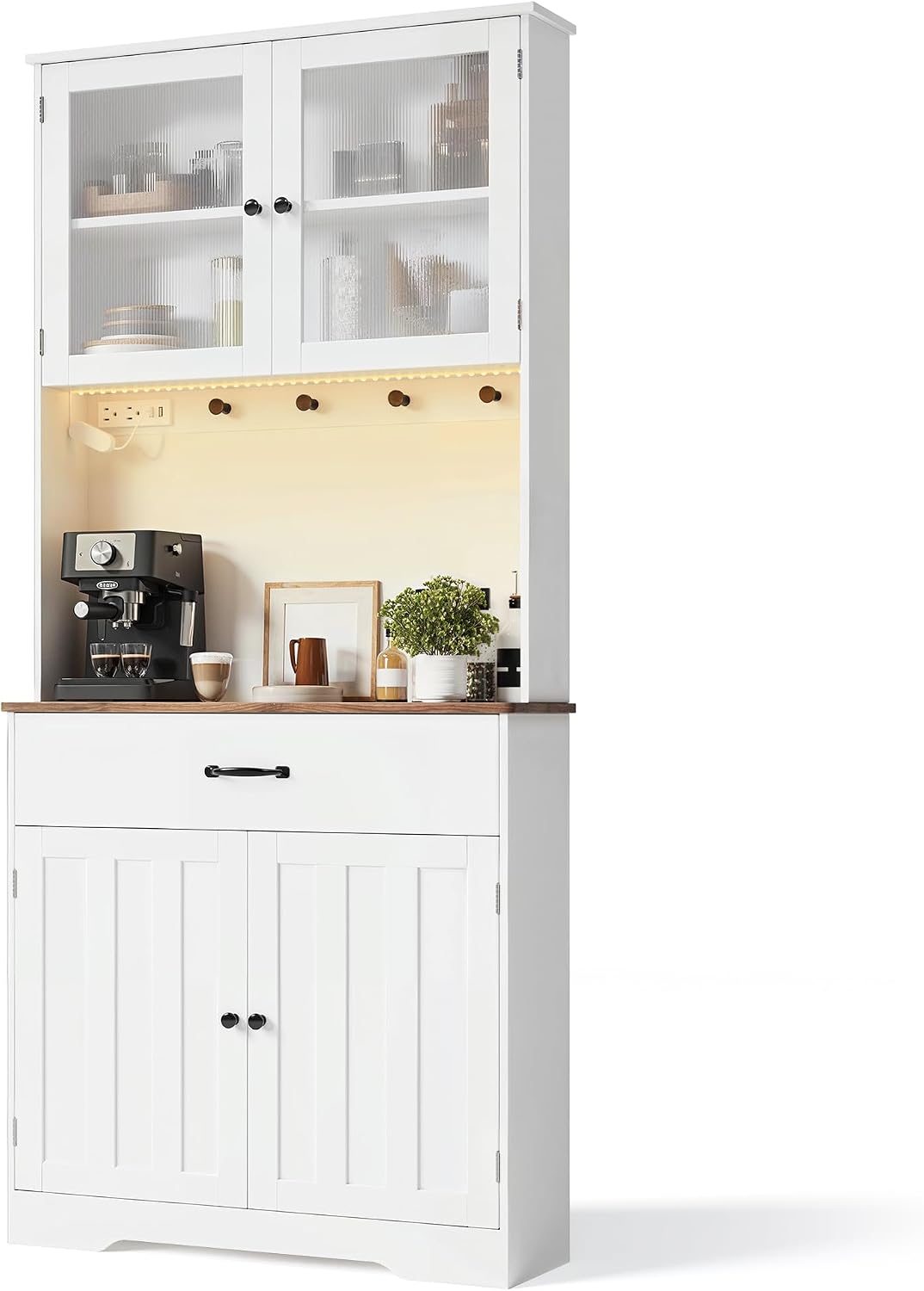 Gizoon 71" H Storage Cabinet with Strip Light, Kitchen Pantry Cabinet with Doors and Drawers, White Hutch with Charging Station and Adjustable Shelves, for Coffee Bar, Dining Room, Table Top-Retro