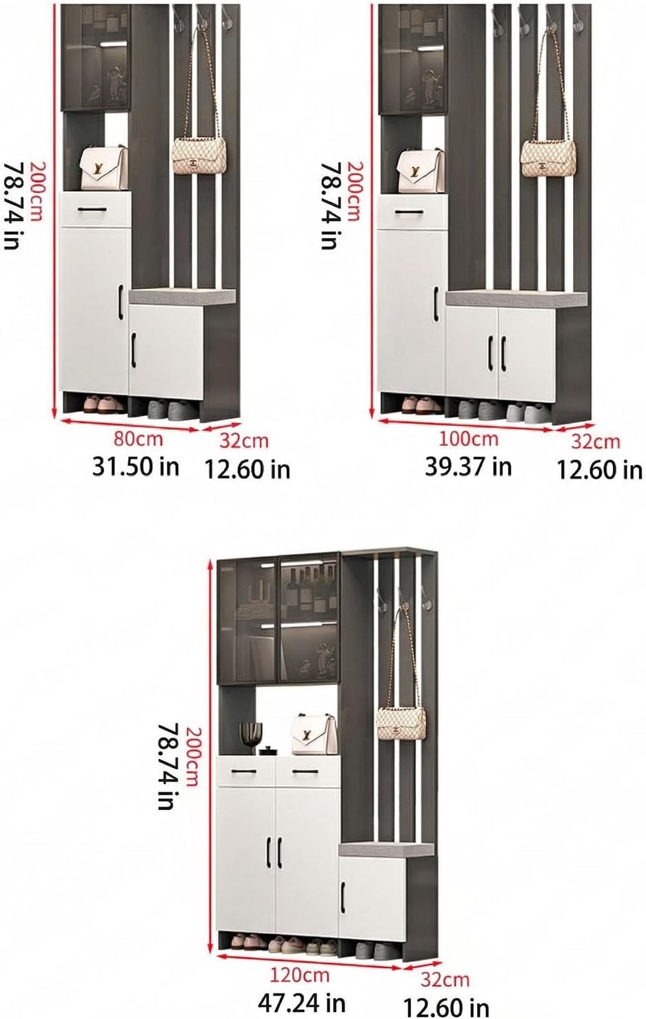 Wall Room Divider with Storage, 78.7" Tall Entryway Hall Tree Room Partition with Shoe Cabinet,Freestanding Wood Privacy Screen with Coat Rack, Bench & Glass Display(White+Left Side,80cm/31.5in)