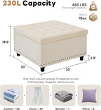 Tbfit Large Square Storage Ottoman Bench, Button Tufted Upholstered Coffee Table Ottoman with Wooden Legs, Oversized Storage Ottomans Toy Box Footrest for Living Room, Beige Velvet