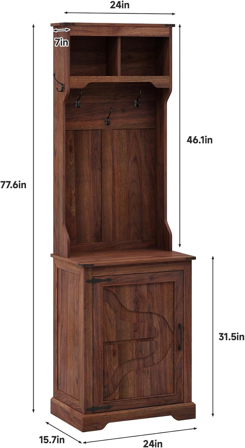 Maupvit Farmhouse Narrow Coat Rack with Shoe Storage, 6 Shoe Cubbies & 4 Coat Hooks, Hall Tree with Shoe Storage, Entryway Bench with Adjustable Shelves for Hallway, Living Room, Mudroom, Brown