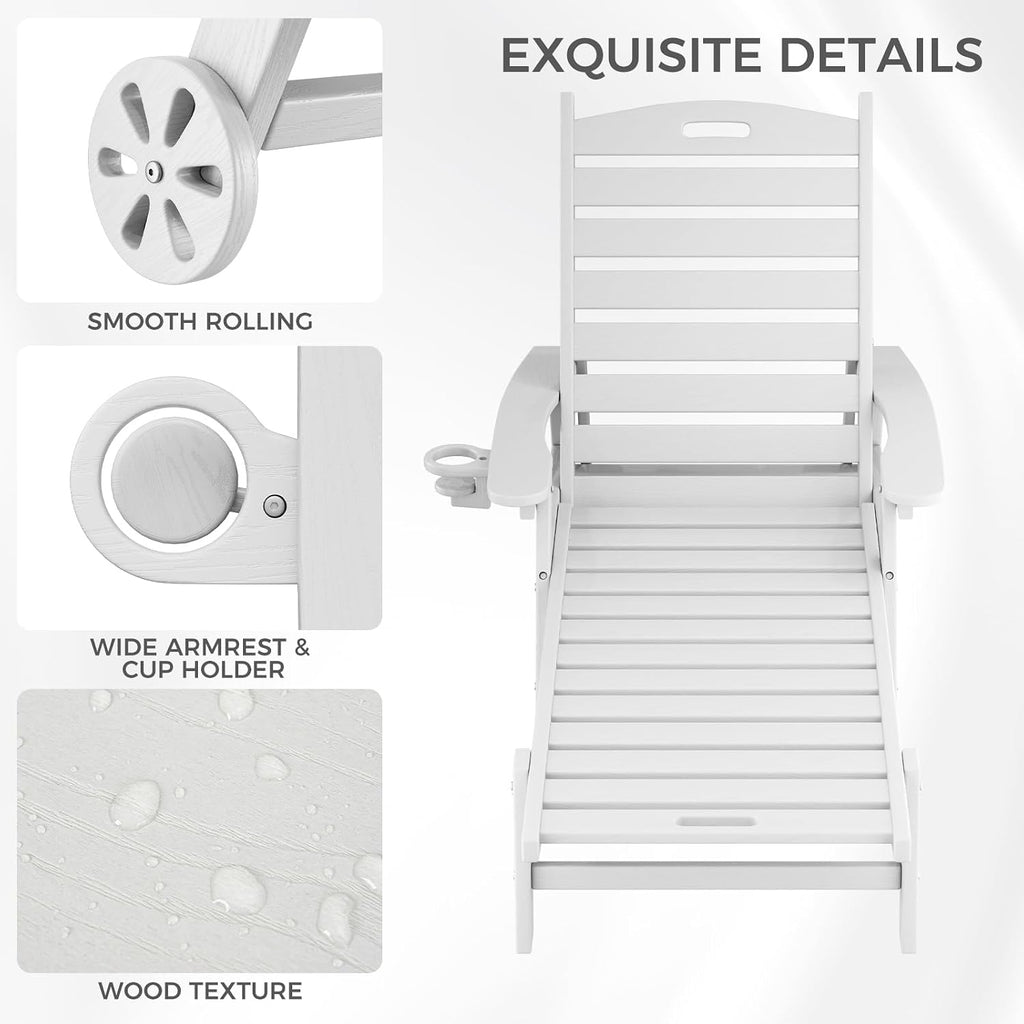 WACASA HDPE Pool Lounge Chairs Set of 2 with Wheels & Cup Holder, 6-Position Adjustable Lounge Chair Outdoor, Easy 20-Min Assembly, 450LBS Bearing, Pool Lounger for Patio, Deck, Backyard (White)