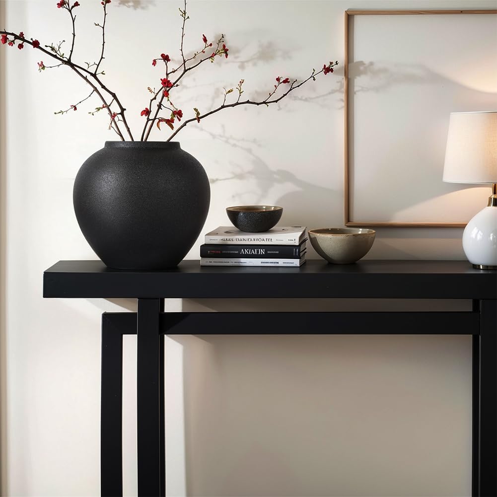 8.3″ Matte Textured Black Ceramic Vase – Modern Rustic Decorative Vase for Pampas Grass, Flowers & Greenery – Small Round Table Centerpiece for Living Room, Entryway, Shelf Decor