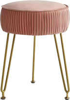Vanity Chair,Velvet Ottoman Stool with Round Seat,Plush Cushioned Vanity Chair,Sturdy Gold Metal Legs for Bedroom and Dressing Table,Pink