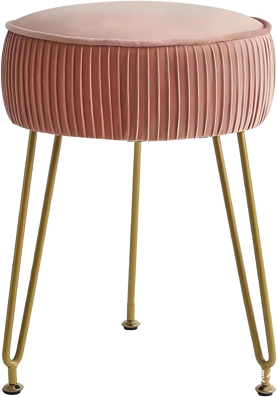 Vanity Chair,Velvet Ottoman Stool with Round Seat,Plush Cushioned Vanity Chair,Sturdy Gold Metal Legs for Bedroom and Dressing Table,Pink