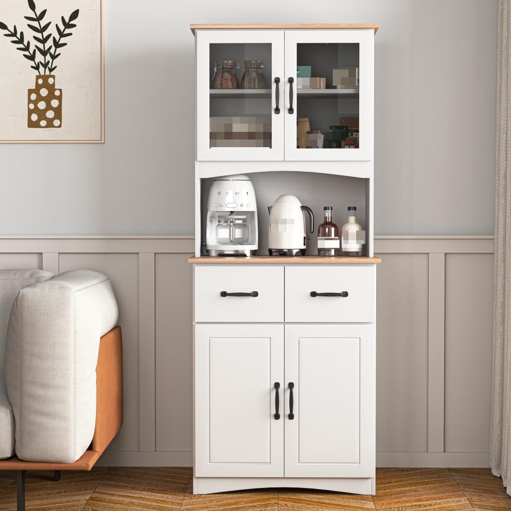 White Wooden Kitchen Cabinet, Pantry Storage Unit with Framed Glass Doors, Microwave Stand & Drawer, for Living Room, Dining Room, or Kitchen