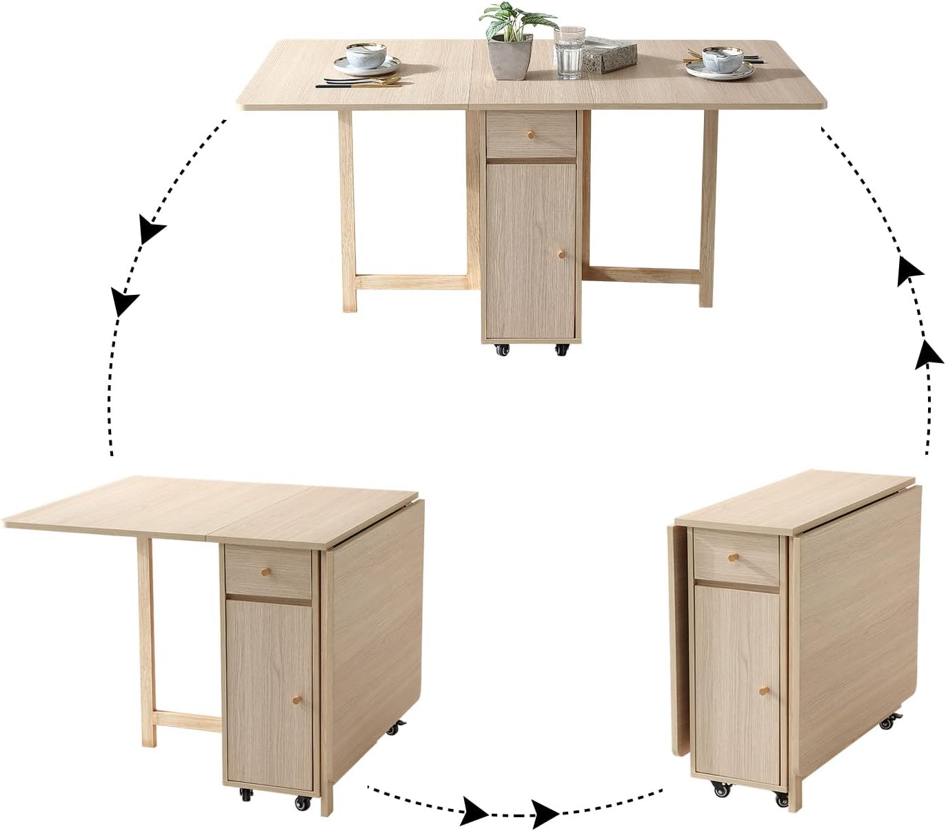 COMUHOME Wood Drop Leaf Folding Dining Table with 2 Drawers and 4 Wheels, Wooden Padded Dining Chairs Set of 4, Space Saving Dining Table with 4 Chairs for Living Room Kitchen Farmhouse