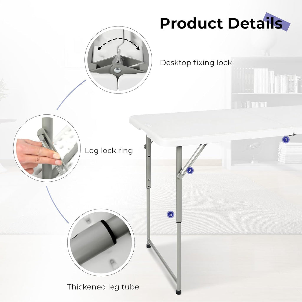 Byliable Folding Table 4 Foot Portable Heavy Duty Plastic Fold-in-Half Utility Table Small Indoor Outdoor Adjustable Height Folding with Carrying Handle, Camping and Party,White