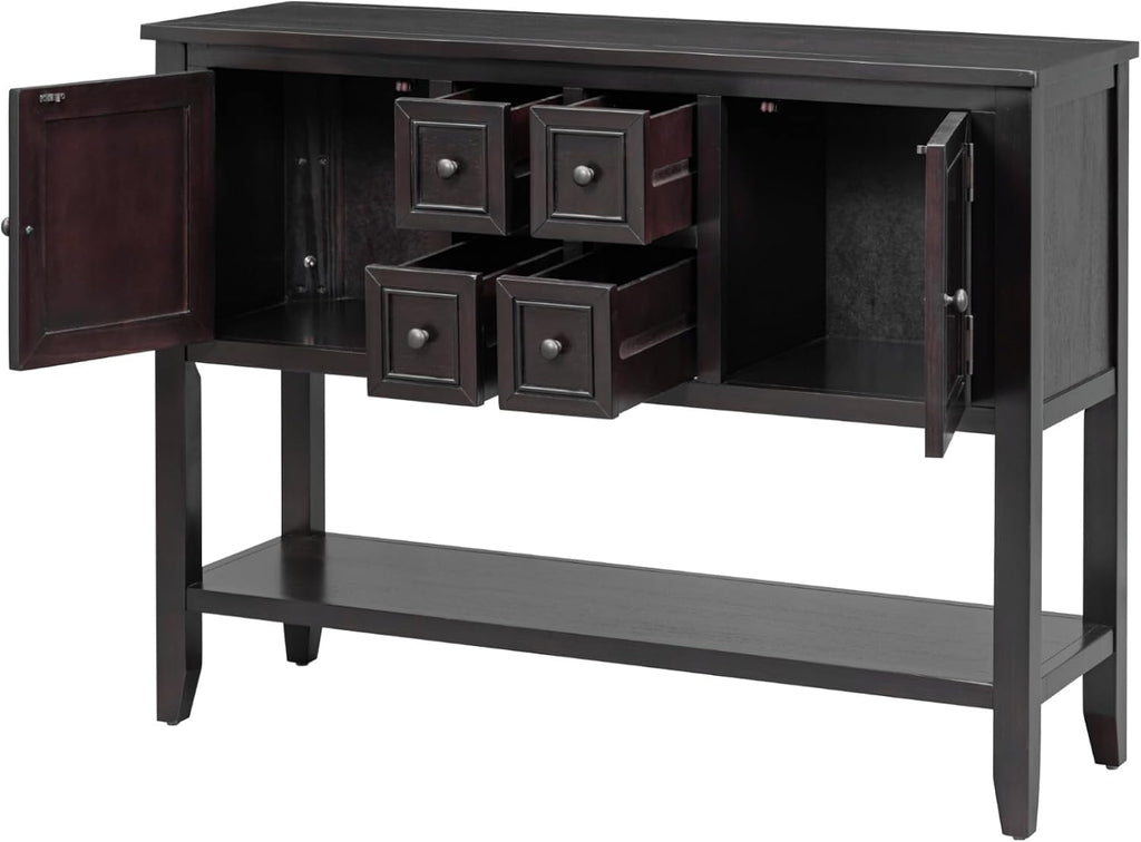 Knocbel Vintage Wood Console Table Buffet Sideboard with 4 Storage Drawers, 2 Cabinets & Bottom Shelf, Entryway Hallway Foyer Table Cupboard Coffee Bar Cabinet (Espresso 44.5")