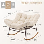 ONBRILL Outdoor Papasan Rocking Chair, Oversized Rocking Chair with Thick Cushion, 450 Lbs Heavy Duty Patio Rocking Egg Chair, Natural Wood Color Metal Rocker Chair for Balcony Porch, Cream White