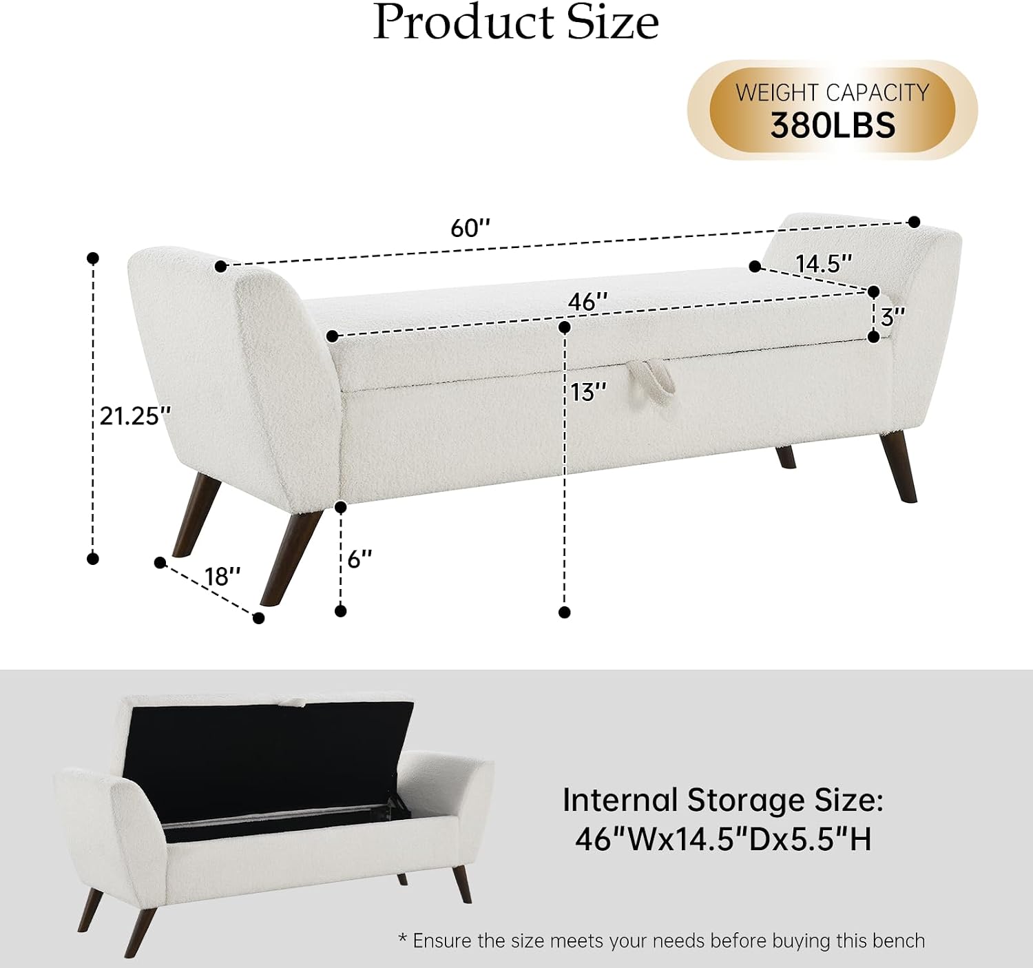 60" Storage Ottoman Bench, Teddy Fabric End of Bed Bench with Solid Wood Legs, Large Hidden Storage for Bedroom & Entryway (Beige)