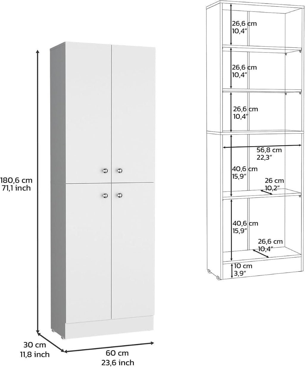 Kitchen Pantry 71" H, 4 Doors, 5 Adjustable Shelves, Laundry, White,for Kitchen
