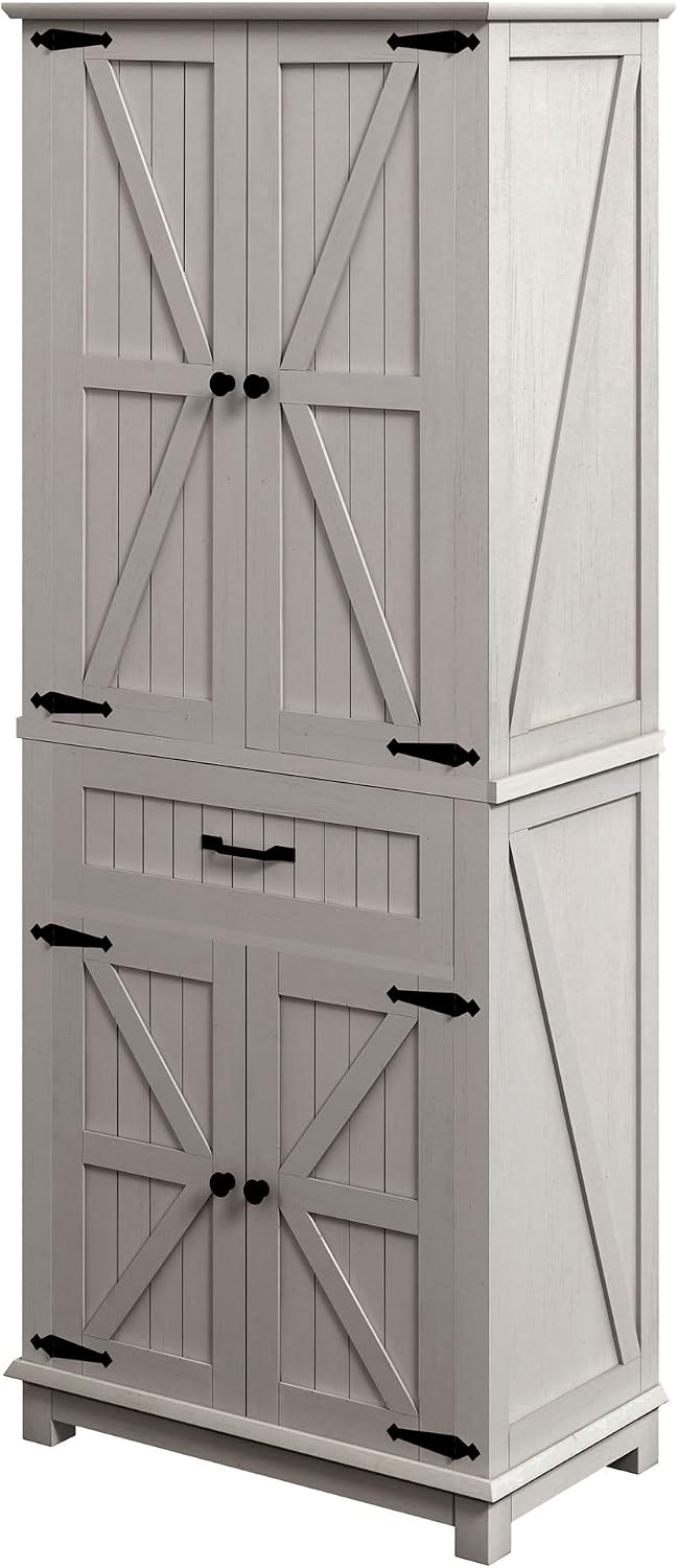 DWVO 72" Tall Farmhouse Pantry Cabinet, Kitchen Storage Pantry with Barn Doors & Drawer, Versatile Organizer with Adjustable Shelves, Rustic Cupboard for Dining Room, Living Room, White Oak