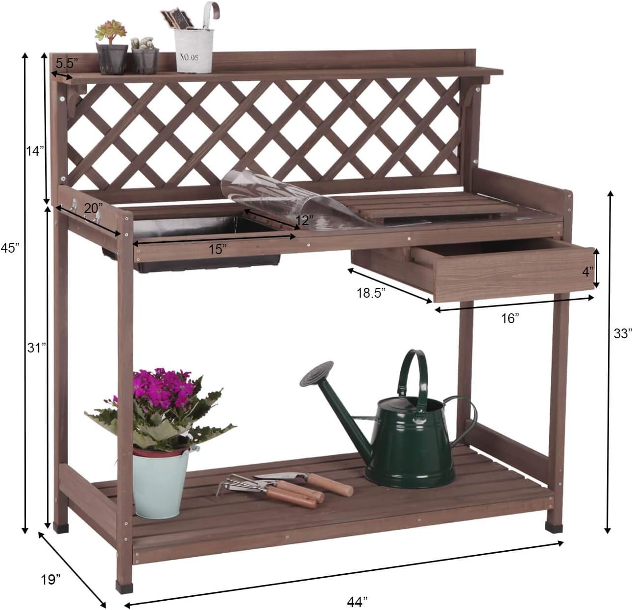 GUTINNEEN Potting Bench with PVC Layer, Sink, Lid, Gardening Work Bench Wooden Planting Table Outdoor with Storage, Drawer, Shelf, Hook