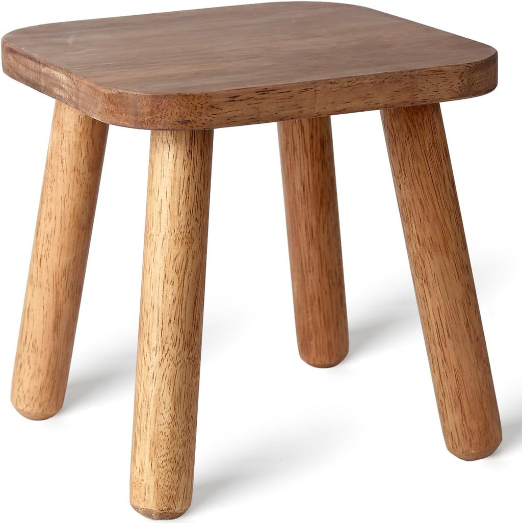Clucycia Wooden Step Stool 9inch Small Solid Wood Plant Stand Non-Slip Footstool Chair for Adults and Kids Portable and Sturdy Decor for Bed,Bathroom,Kitchen,Living Room Walnut Wood Color