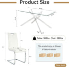 Modern Glass Dining Table Set for 6, 60" Glass Kitchen Table and Chairs Set of 6, Dining Room Table Set for 6 with Pu Leather Chairs, 7 Piece Dining Table Set for Small Space Apartment, White & Silver