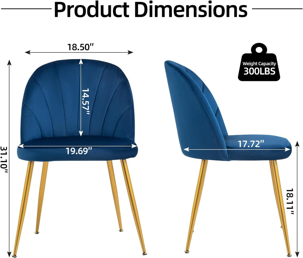Velvet Dining Chairs Set of 4, Upholstered Mid Century Modern Dining Chairs, Armless Accent Chair with Metal Gold Legs for Living Room, Kitchen, Dining Room, Blue