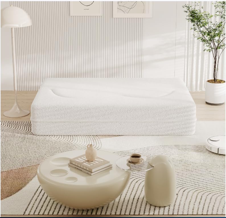 Modern Floor Sofa with 2 Pillows,Convertible Teddy Fabric Foam-Filled Sleeper Sofa Bed,15" Full Size Folding Mattress for Living Room, Guest Bed, Playroom,no Assembly Required (White@091)
