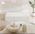 Modern Floor Sofa with 2 Pillows,Convertible Teddy Fabric Foam-Filled Sleeper Sofa Bed,15" Full Size Folding Mattress for Living Room, Guest Bed, Playroom,no Assembly Required (White@091)