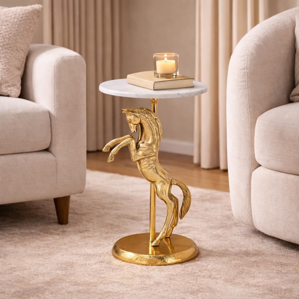 Horse Side Table with White Marble Top | Decorative Sculptural End Table | Aluminum Base | Gold Accent Table for Living Room | 10x10x25.5
