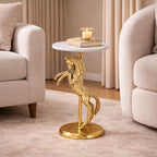 Horse Side Table with White Marble Top | Decorative Sculptural End Table | Aluminum Base | Gold Accent Table for Living Room | 10x10x25.5