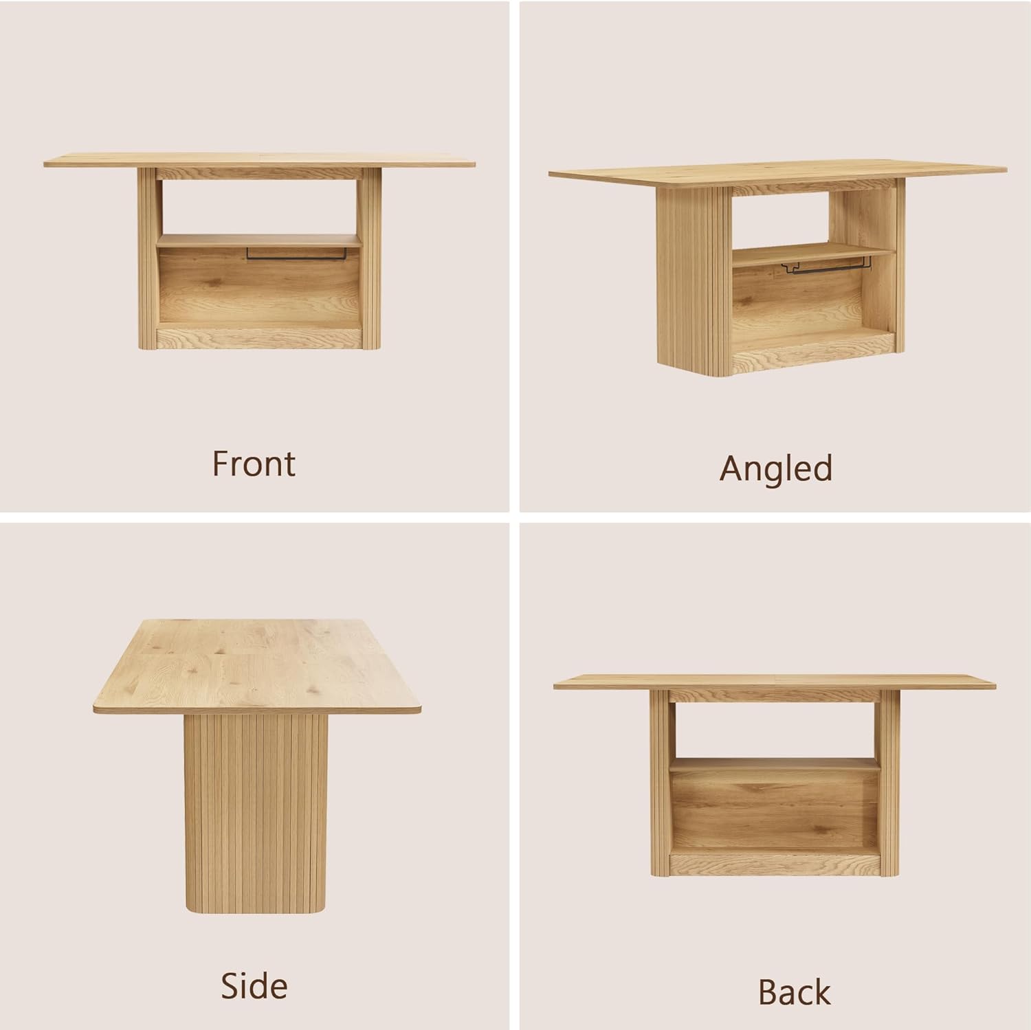 FUQARHY 63" Dining Table with Storage, Fluted Farmhouse Kitchen Table for 6 with 2-Tier Storage Shelf, Rectangular Wood Table