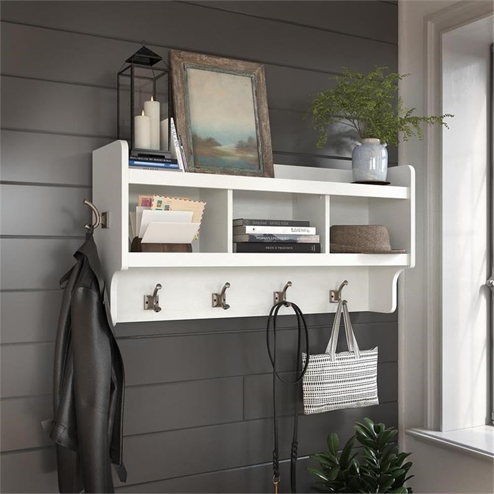 Bush Home Woodland 40W Wall Mounted Coat Rack with Shelf in White Ash | Cubbies and Hooks for Entryway, Mudroom, Foyer Storage
