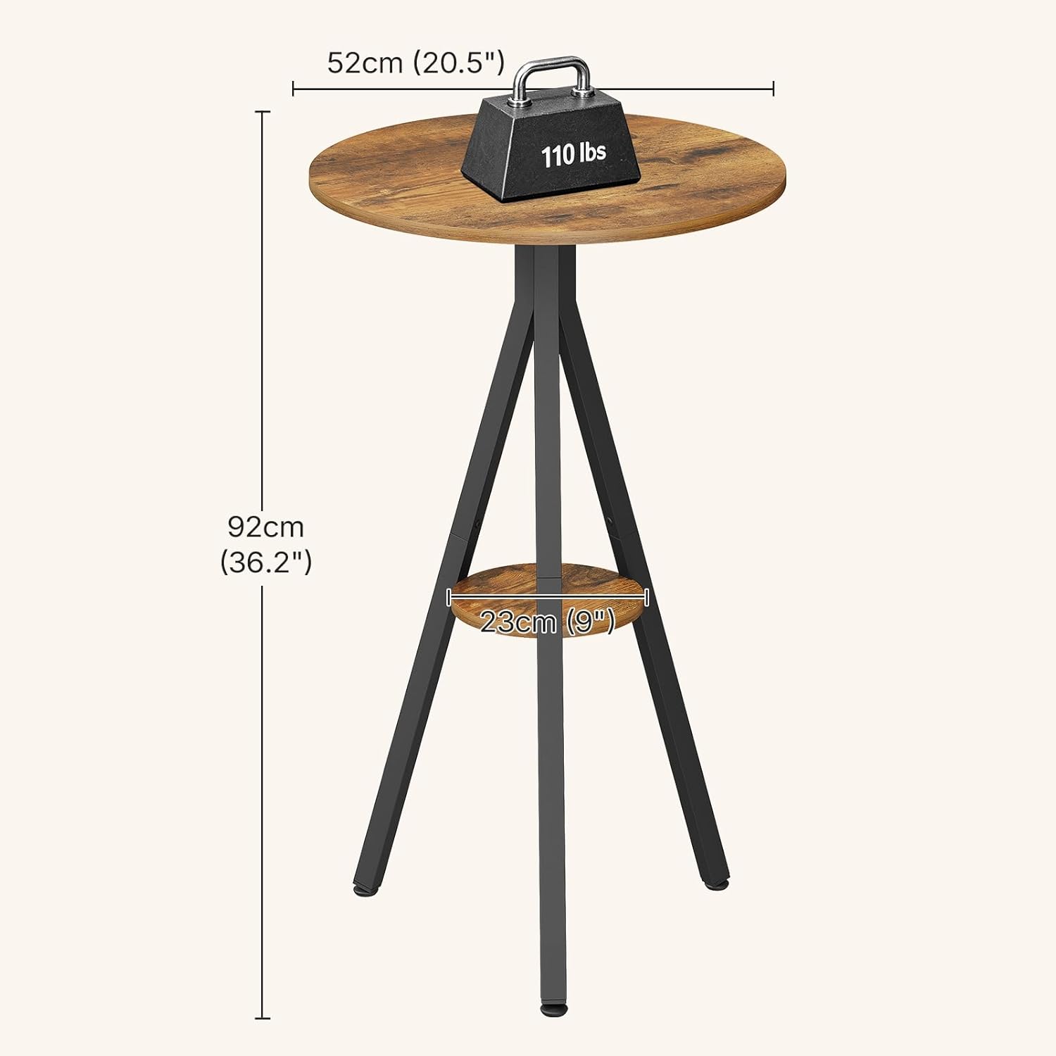 YATINEY Bar Table, 2-Tier Round Pub Table, Counter Height Cocktail Table for Small Spaces, Dining Room, Cafe, Pub, Rustic Brown and Black BT12BR