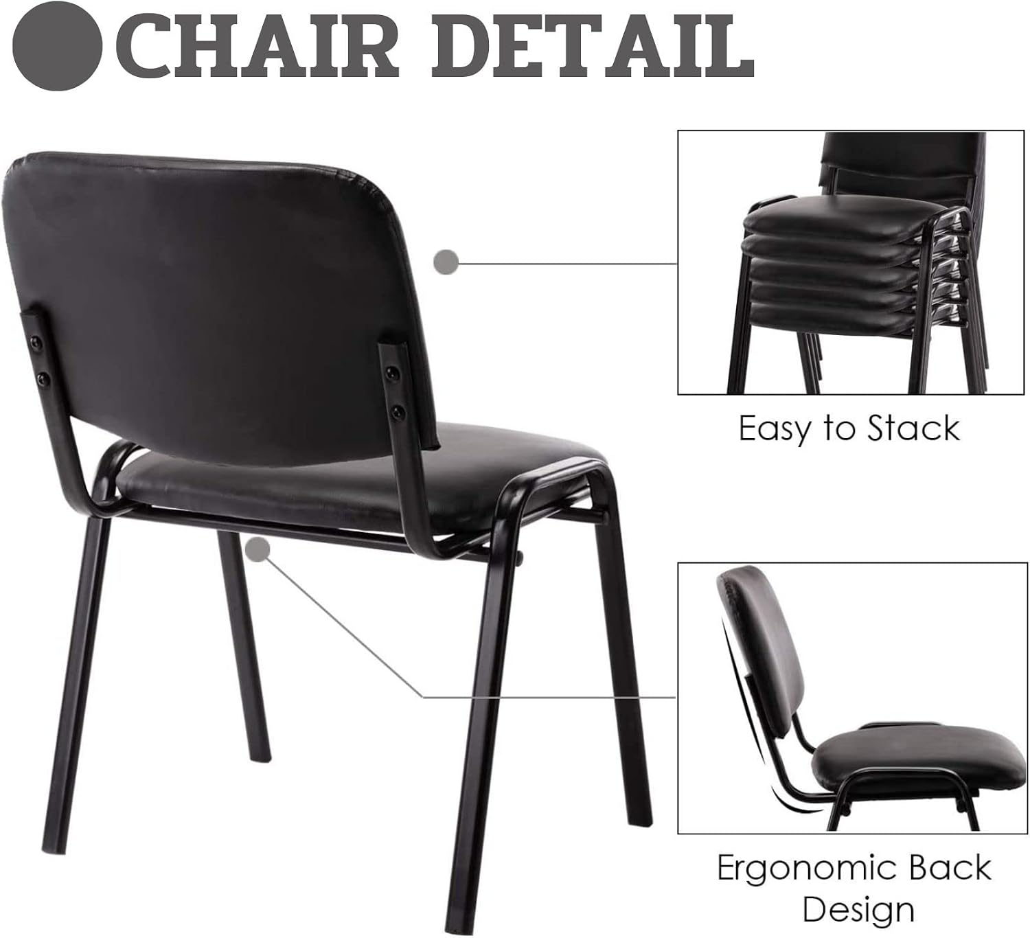 ROCITY Waiting Room Chairs Set of 5 Stackable Conference Room Chairs Faux Leather Office Reception Chair for Guest School Breakroom Banquet Church Lobby (Leather-Cushion,Black,5PCS)