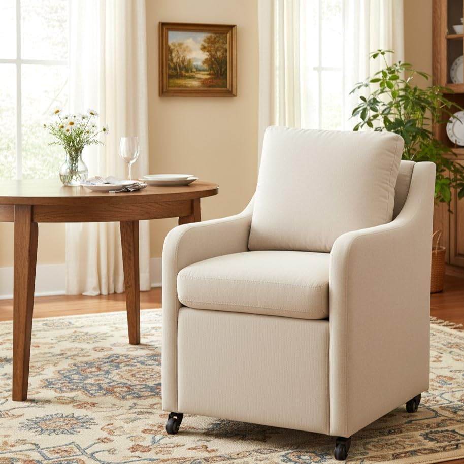 Rolled Dining Chair with Casters, Upholstered Modern Rolling Armchair with Wheels for Kitchen (1, Fabric Beige)