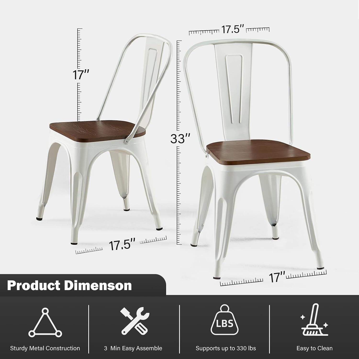Metal Dining Chairs Set of 6 with Wooden Seat Iron Stackable Industrial Tolix Style Farmhouse Dining Room Bistro Outdoor Arctic White Color